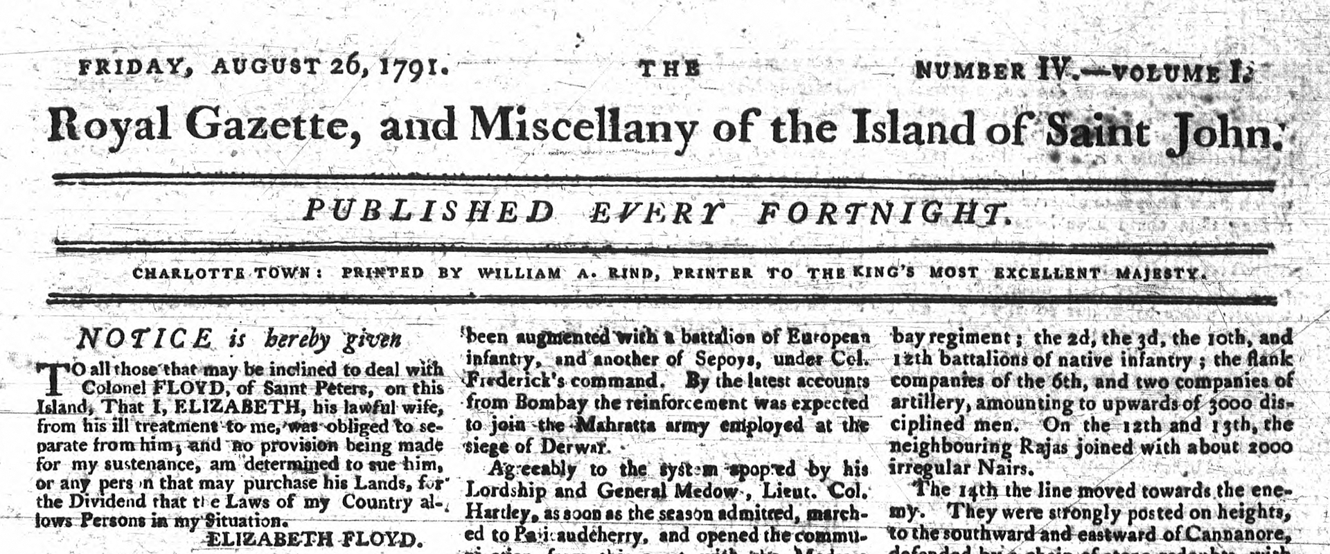 The front page banner from the Royal Gazette & Miscellany of the Island of Saint John published on 26 August 1791